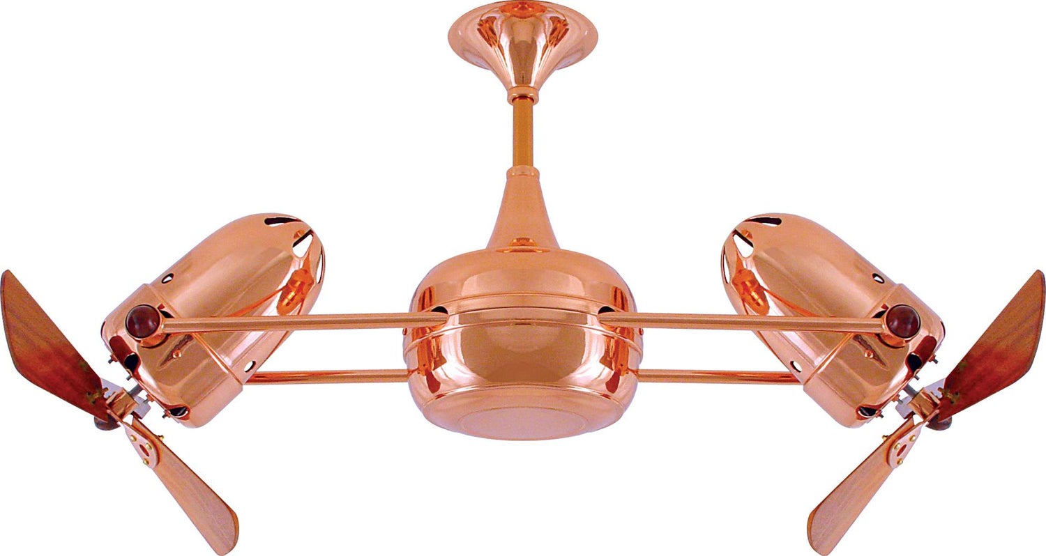 Matthews Fan DD-CP-WD Duplo Dinamico 360” rotational dual head ceiling fan in Polished Copper finish with solid sustainable mahogany wood blades.