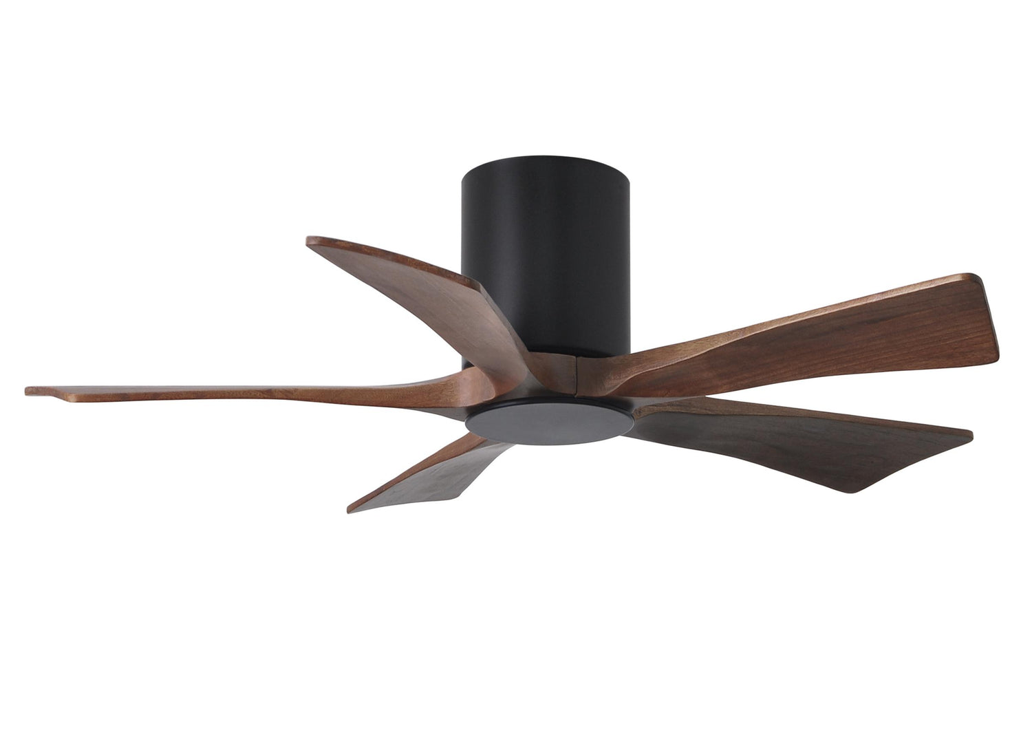 Matthews Fan IR5HLK-BK-WA-42 IR5HLK five-blade flush mount paddle fan in Matte Black finish with 42” solid walnut tone blades and integrated LED light kit.