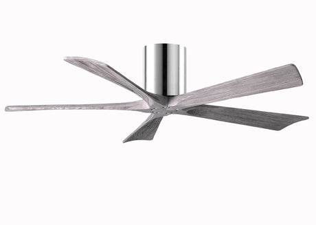 Matthews Fan IR5H-CR-BW-52 Irene-5H five-blade flush mount paddle fan in Polished Chrome finish with 52” solid barn wood tone blades.