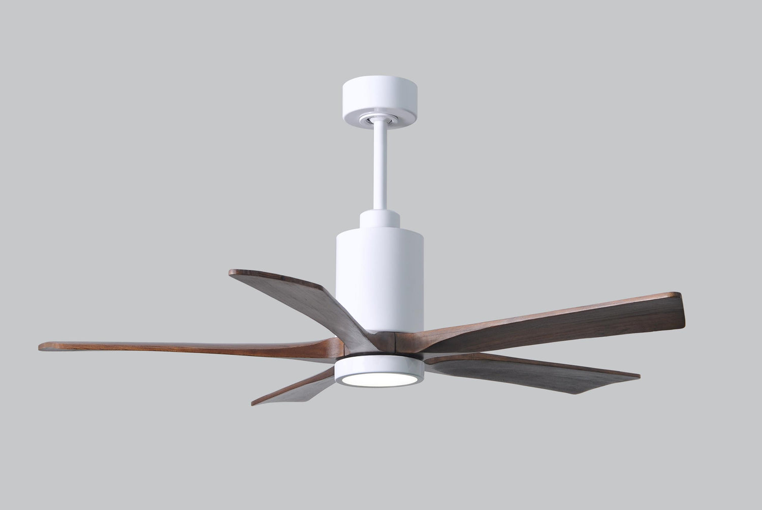 Matthews Fan PA5-WH-WA-52 Patricia-5 five-blade ceiling fan in Gloss White finish with 52” solid walnut tone blades and dimmable LED light kit