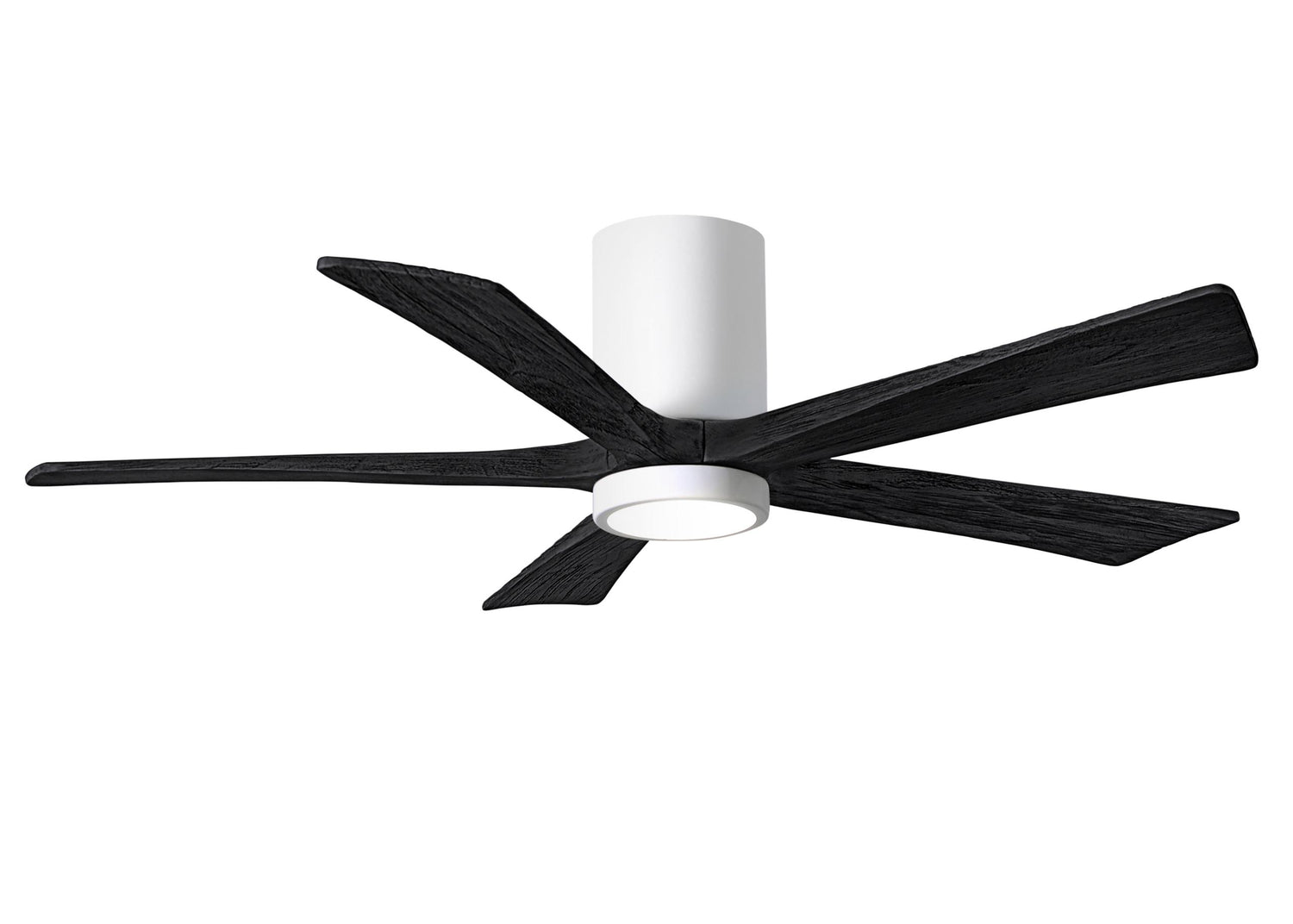 Matthews Fan IR5HLK-WH-BK-52 IR5HLK five-blade flush mount paddle fan in Gloss White finish with 52” solid matte black wood blades and integrated LED light kit.
