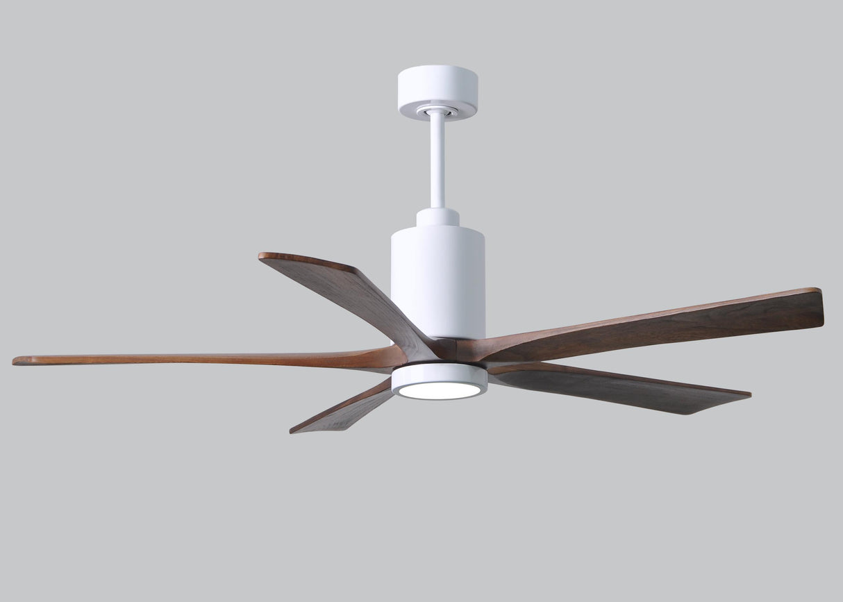 Matthews Fan PA5-WH-WA-60 Patricia-5 five-blade ceiling fan in Gloss White finish with 60” solid walnut tone blades and dimmable LED light kit 