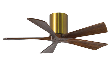 Matthews Fan IR5H-BRBR-WA-42 Irene-5H five-blade flush mount paddle fan in Brushed Brass finish with 42” solid walnut tone blades. 