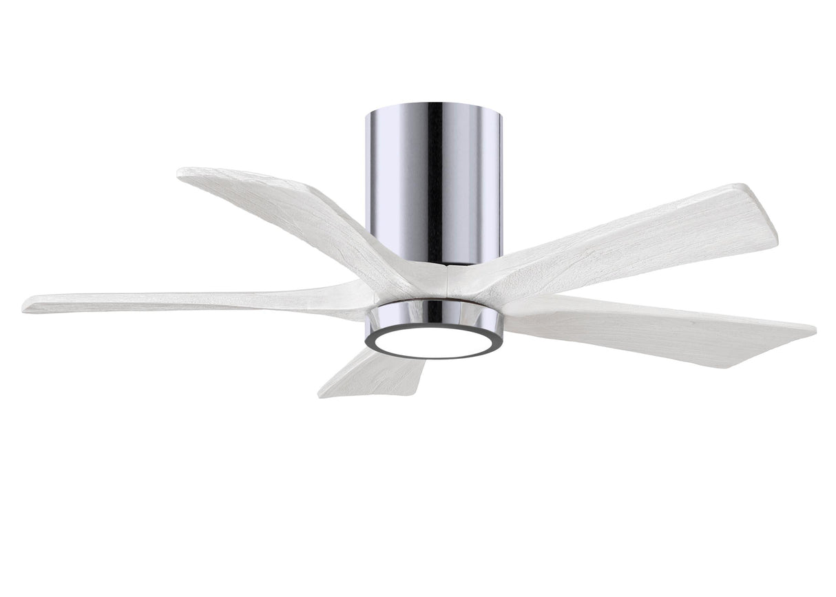 Matthews Fan IR5HLK-CR-MWH-42 IR5HLK five-blade flush mount paddle fan in Polished Chrome finish with 42” solid matte white wood blades and integrated LED light kit.