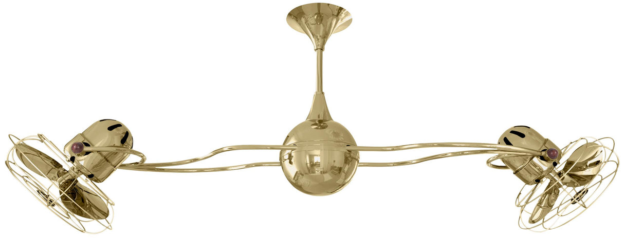 Matthews Fan IV-PB-MTL Italo Ventania 360° dual headed rotational ceiling fan in polished brass finish with metal blades.