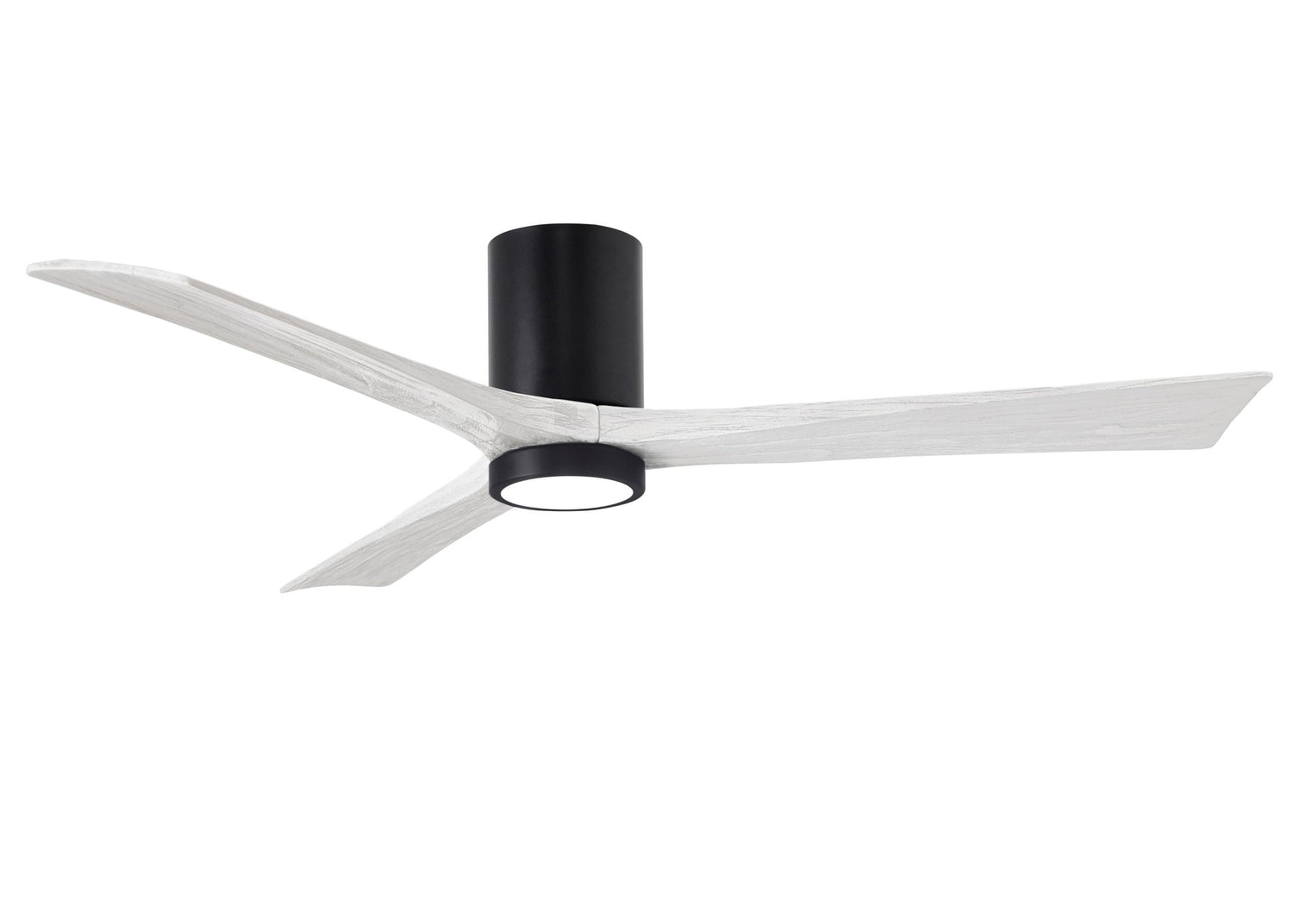 Matthews Fan IR3HLK-BK-MWH-60 Irene-3HLK three-blade flush mount paddle fan in Matte Black finish with 60” solid matte white wood blades and integrated LED light kit.