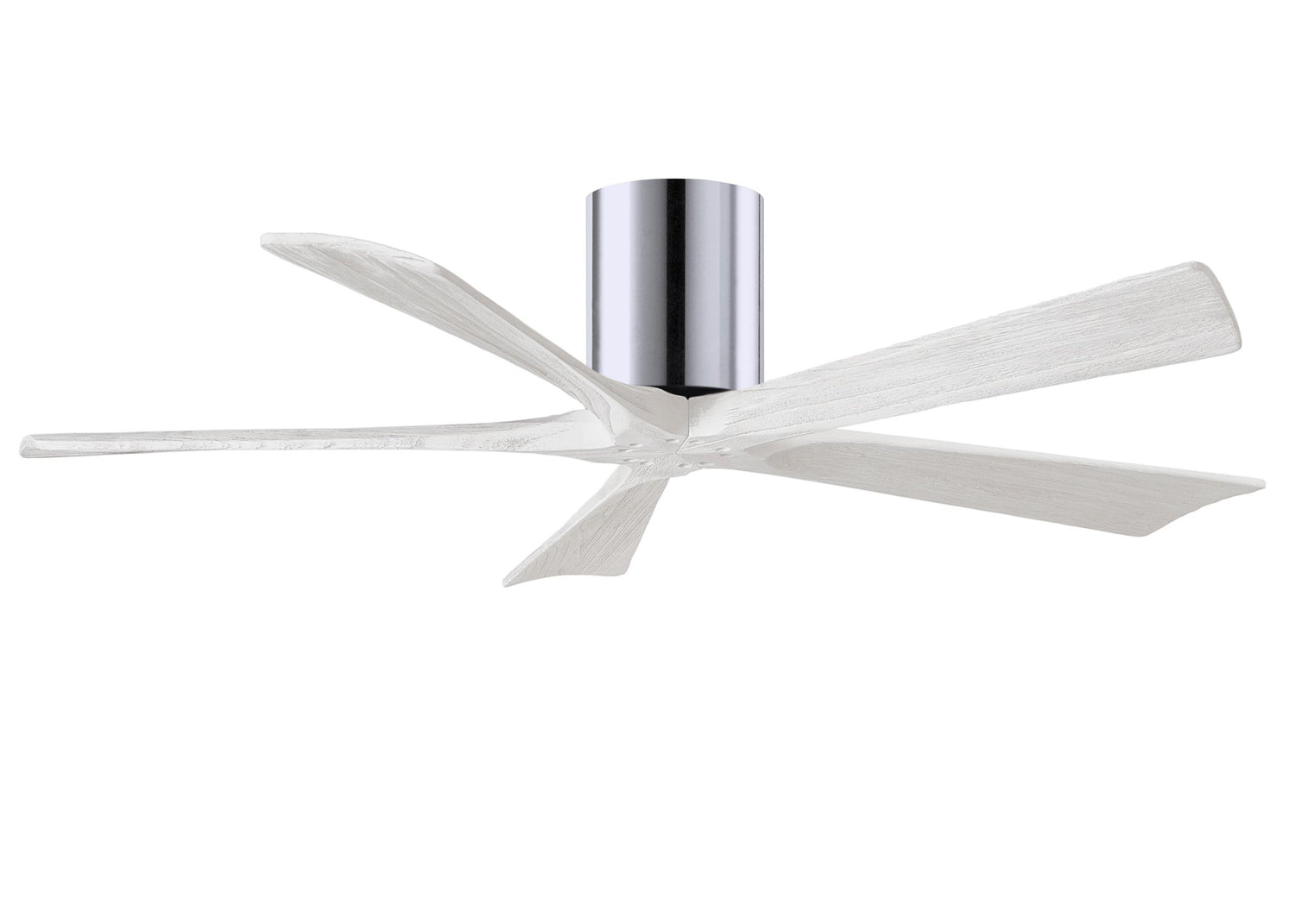 Matthews Fan IR5H-CR-MWH-52 Irene-5H five-blade flush mount paddle fan in Polished Chrome finish with 52” solid matte white wood blades.