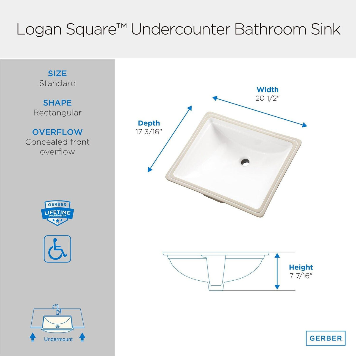 Gerber G0012760 White Logan Square Rectangular Standard Undercounter Bathroom Sink