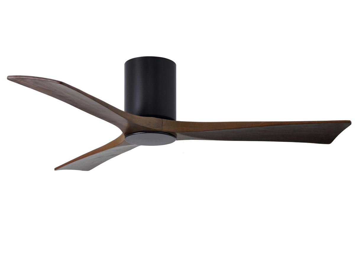 Matthews Fan IR3HLK-BK-WA-52 Irene-3HLK three-blade flush mount paddle fan in Matte Black finish with 52” solid walnut tone blades and integrated LED light kit.