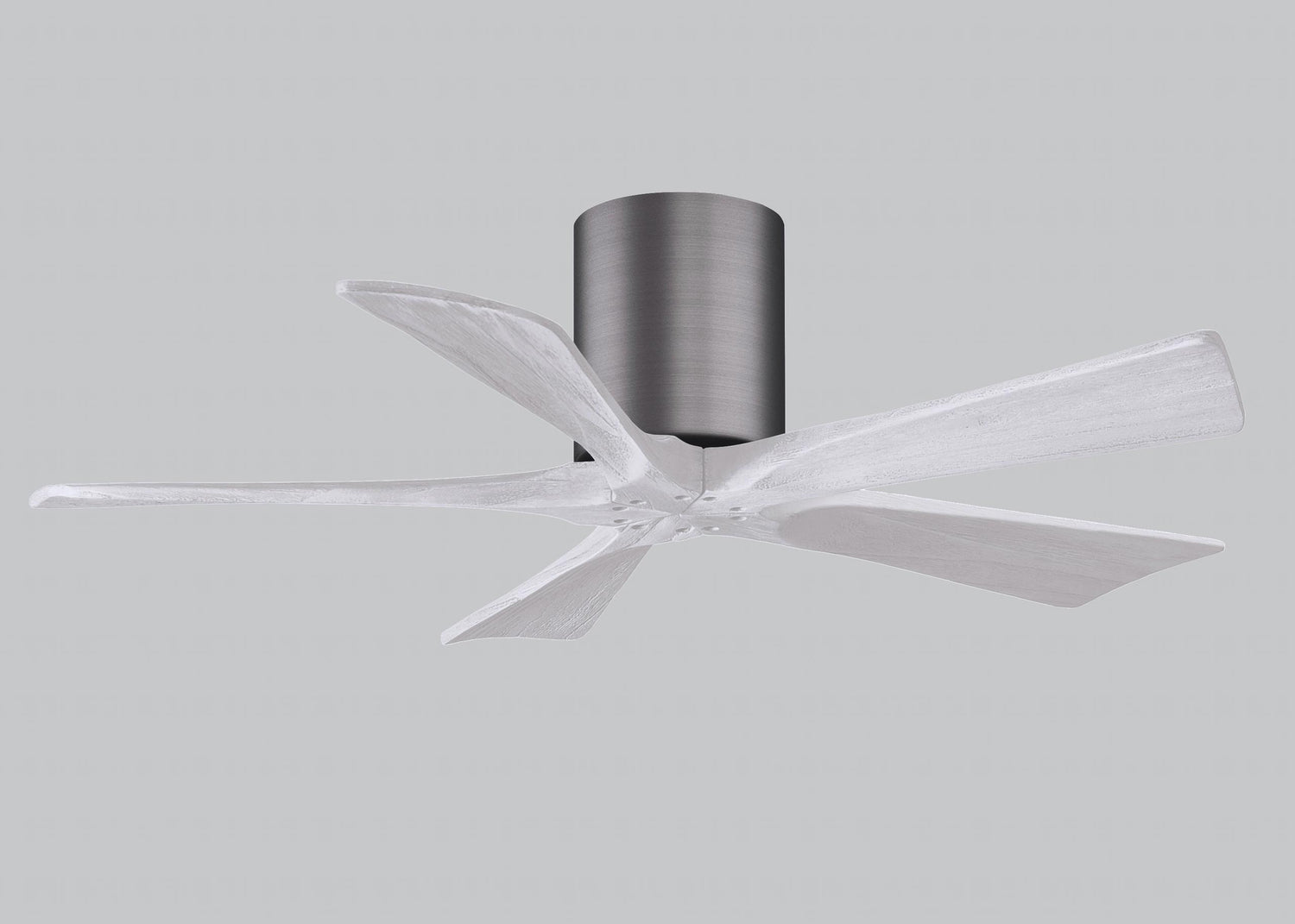 Matthews Fan IR5H-BP-MWH-42 Irene-5H five-blade flush mount paddle fan in Brushed Pewter finish with 42” solid matte white wood blades.