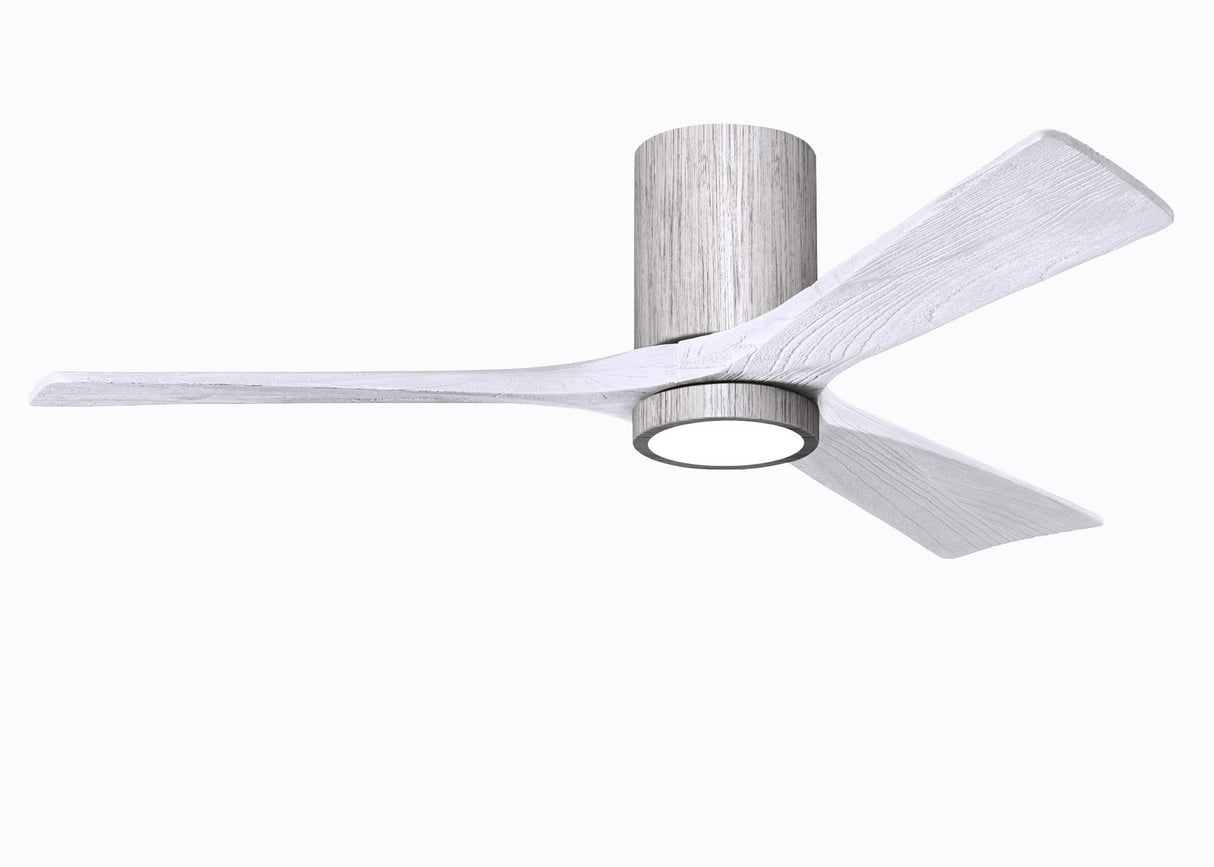 Matthews Fan IR3HLK-BW-MWH-52 Irene-3HLK three-blade flush mount paddle fan in Barn Wood finish with 52” solid matte white wood blades and integrated LED light kit.