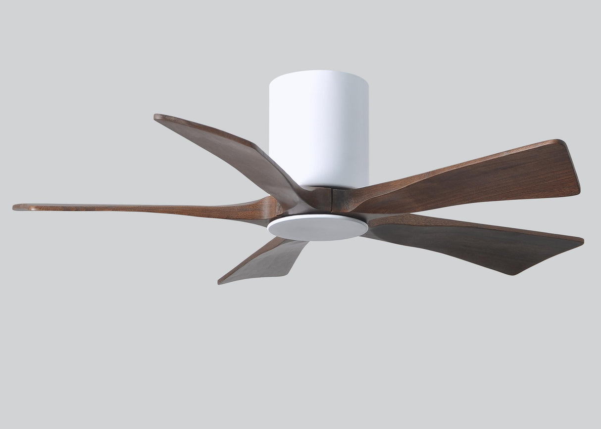 Matthews Fan IR5HLK-WH-WA-42 IR5HLK five-blade flush mount paddle fan in Gloss White finish with 42” solid walnut tone blades and integrated LED light kit.