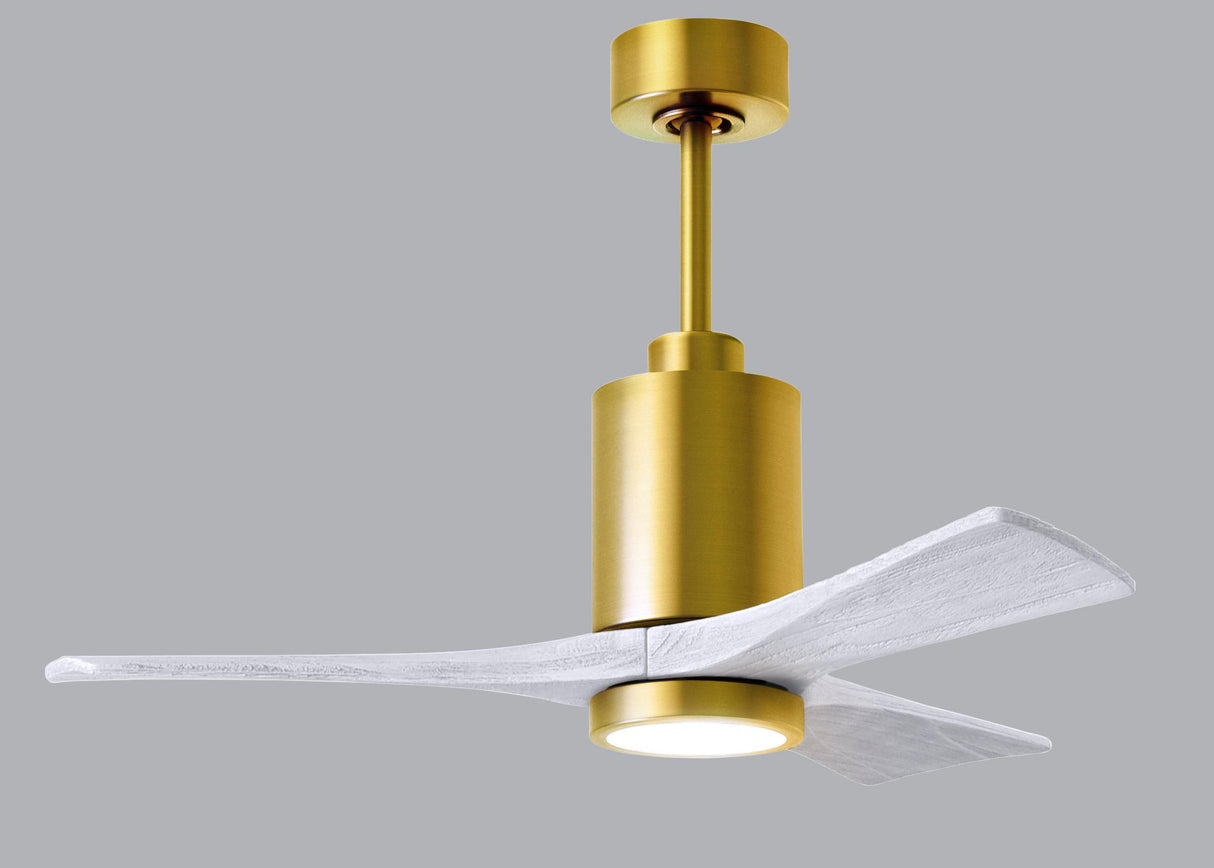 Matthews Fan PA3-BRBR-MWH-42 Patricia-3 three-blade ceiling fan in Brushed Brass finish with 42” solid matte white wood blades and dimmable LED light kit 