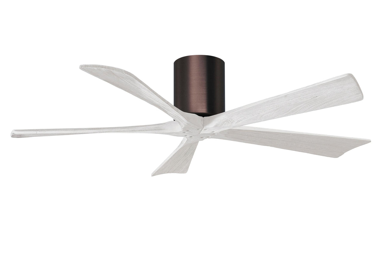 Matthews Fan IR5H-BB-MWH-52 Irene-5H five-blade flush mount paddle fan in Brushed Bronze finish with 52” solid matte white wood blades.