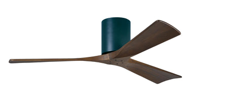 Matthews Fan IR3H-BK-WA-52 Irene-3H three-blade flush mount paddle fan in Matte Black finish with 52” solid walnut tone blades. 