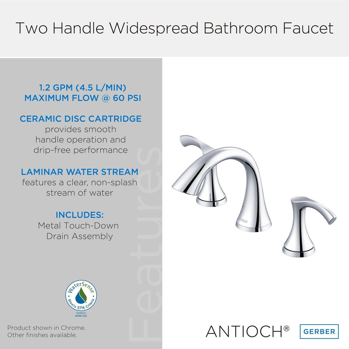 Gerber D304222 Chrome Antioch Two Handle Widespread Lavatory Faucet
