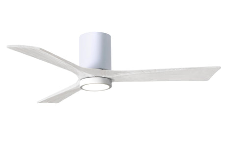 Matthews Fan IR3HLK-WH-MWH-52 Irene-3HLK three-blade flush mount paddle fan in Gloss White finish with 52” solid matte white wood blades and integrated LED light kit.
