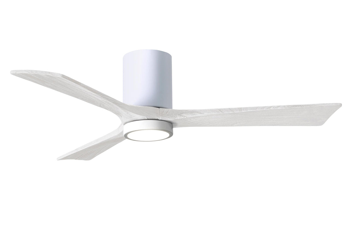 Matthews Fan IR3HLK-WH-MWH-52 Irene-3HLK three-blade flush mount paddle fan in Gloss White finish with 52” solid matte white wood blades and integrated LED light kit.