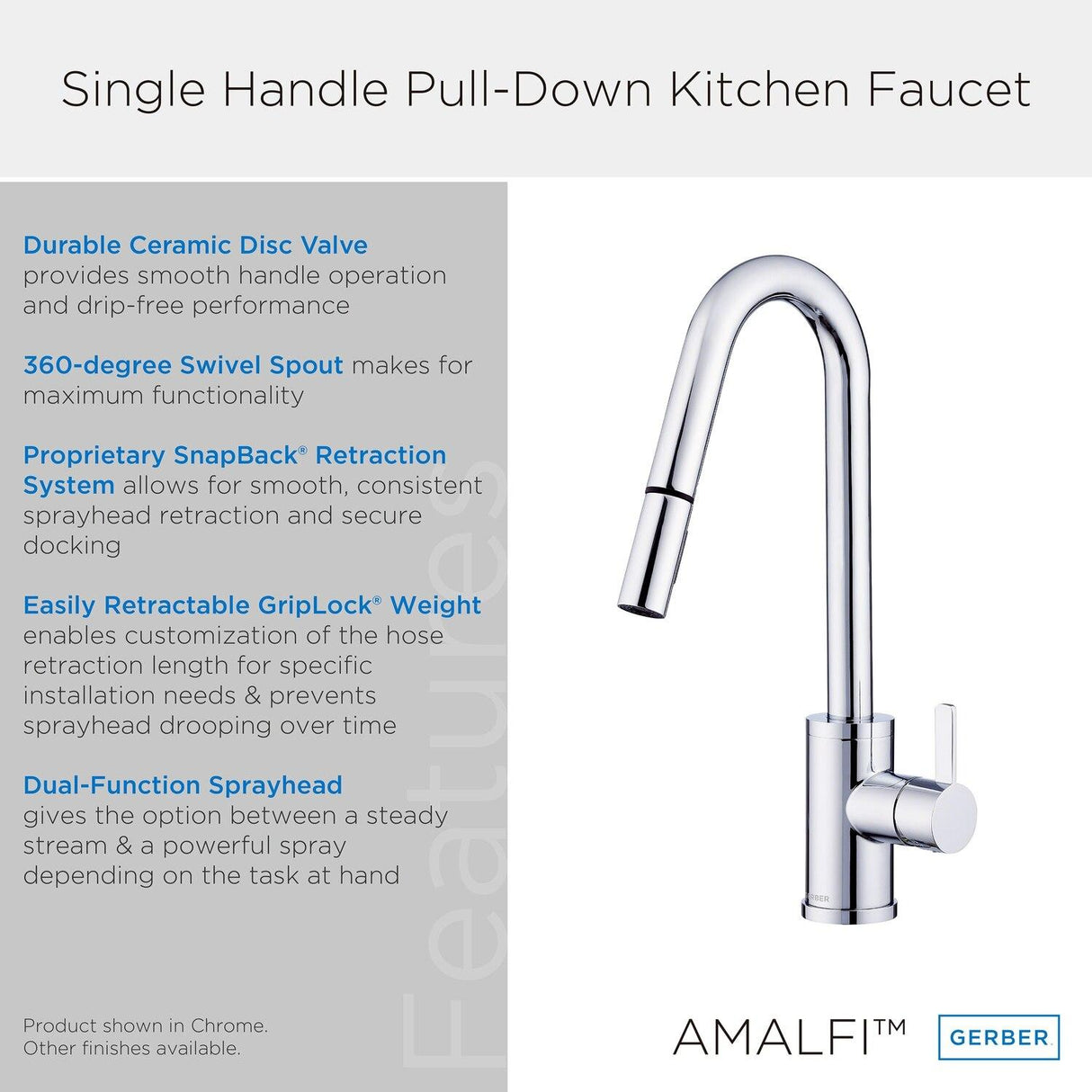 Gerber D457230 Chrome Amalfi Single Handle Pull-down Kitchen Faucet