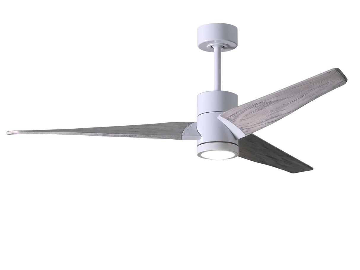 Matthews Fan SJ-WH-BW-52 Super Janet three-blade ceiling fan in Gloss White finish with 52” solid barn wood tone blades and dimmable LED light kit