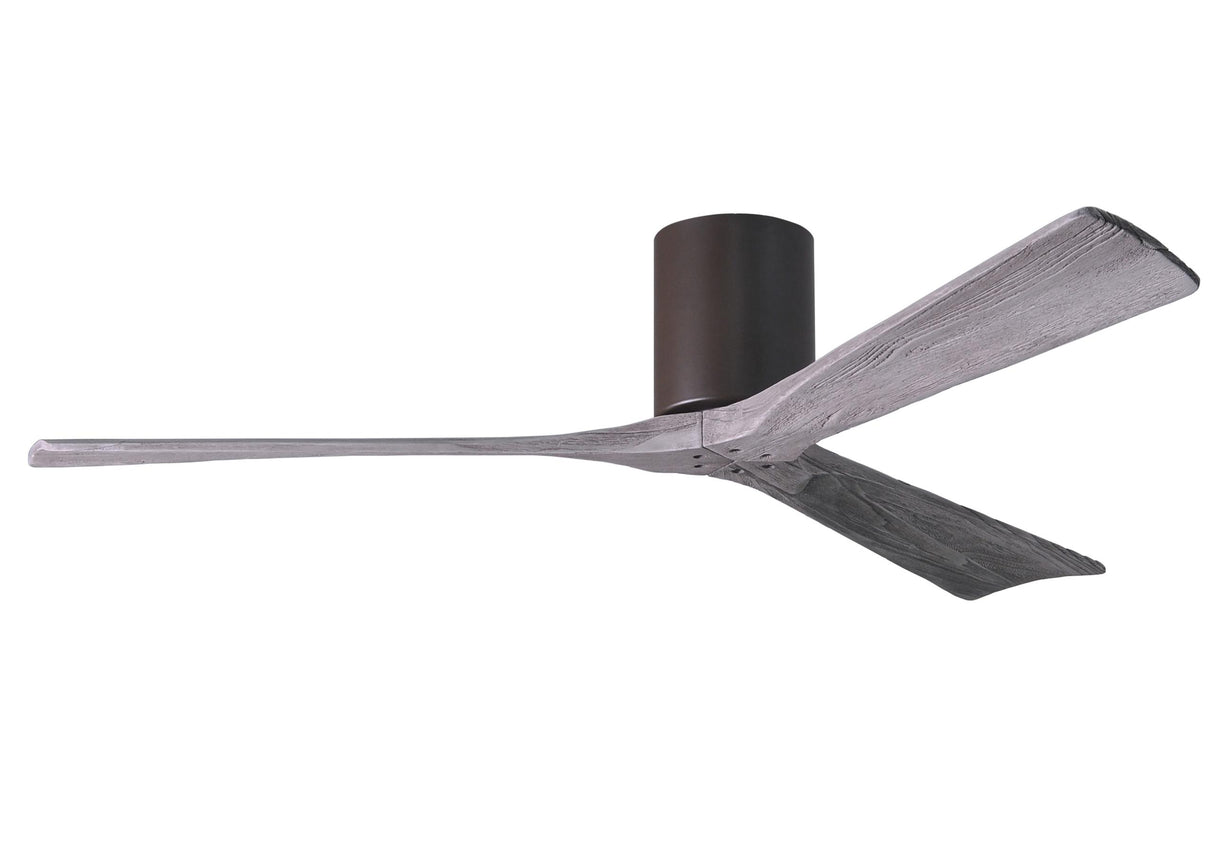 Matthews Fan IR3H-TB-BW-60 Irene-3H three-blade flush mount paddle fan in Textured Bronze finish with 60” solid barn wood tone blades. 