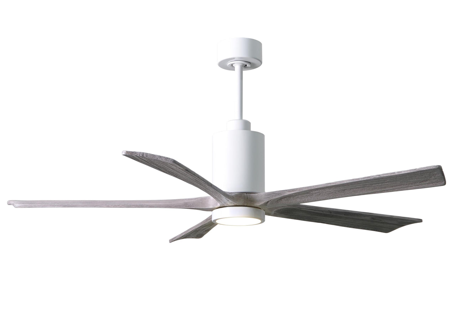 Matthews Fan PA5-WH-BW-60 Patricia-5 five-blade ceiling fan in Gloss White finish with 60” solid barn wood tone blades and dimmable LED light kit