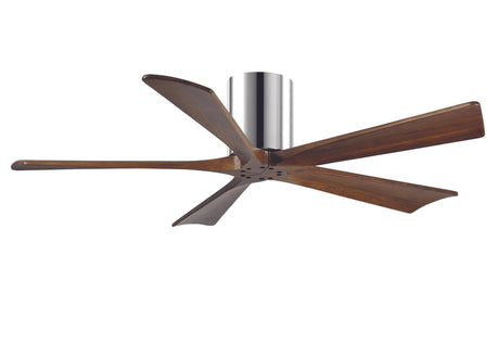 Matthews Fan IR5H-CR-WA-52 Irene-5H five-blade flush mount paddle fan in Polished Chrome finish with 52” solid walnut tone blades. 