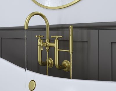 Pfister Brushed Gold Wall Mount 2-handle Tub Filler With Hand Shower LG6-3TBBG