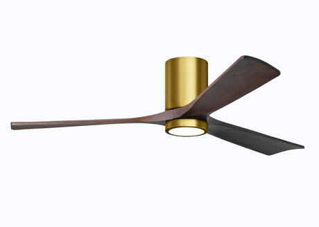 Matthews Fan IR3HLK-BRBR-WA-60 Irene-3HLK three-blade flush mount paddle fan in Brushed Brass finish with 60” solid walnut tone blades and integrated LED light kit.