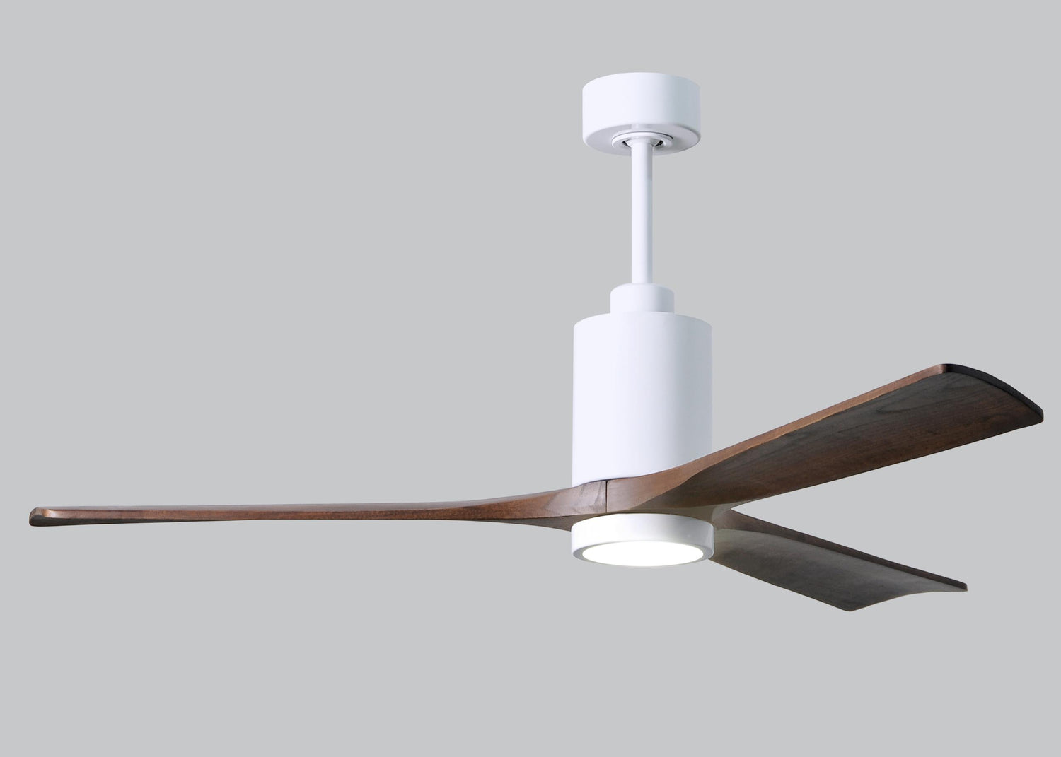 Matthews Fan PA3-WH-WA-60 Patricia-3 three-blade ceiling fan in Gloss White finish with 60” solid walnut tone blades and dimmable LED light kit