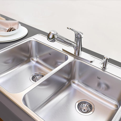 KINDRED CDLA3322-8-4CBN Creemore 33-in LR x 22-in FB x 8-in DP Drop In Double Bowl 4-Hole Stainless Steel Kitchen Sink In Commercial Satin Finish