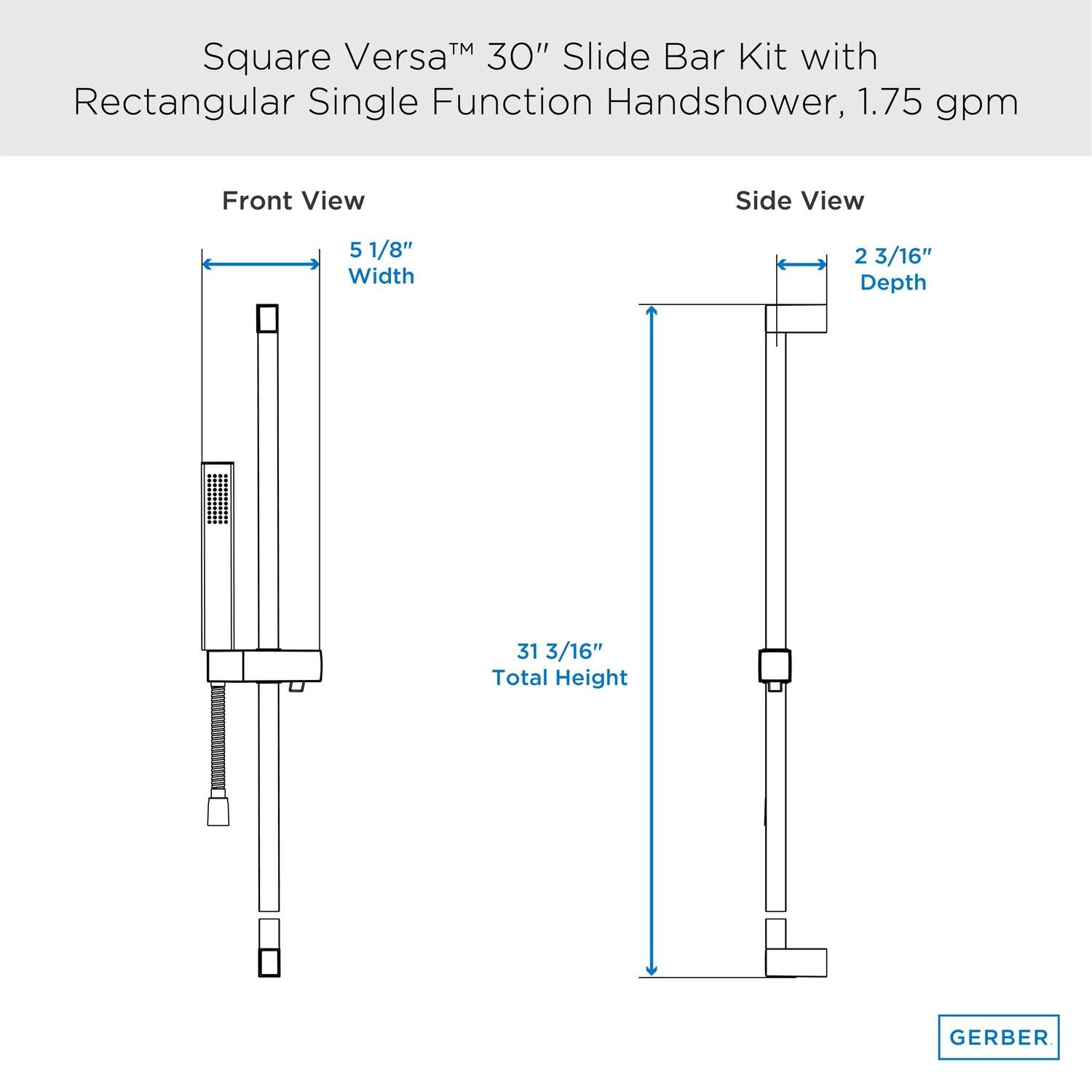 Gerber D462726 Chrome Versa Square 30" Slide Bar Assembly With Single FUNCTION...