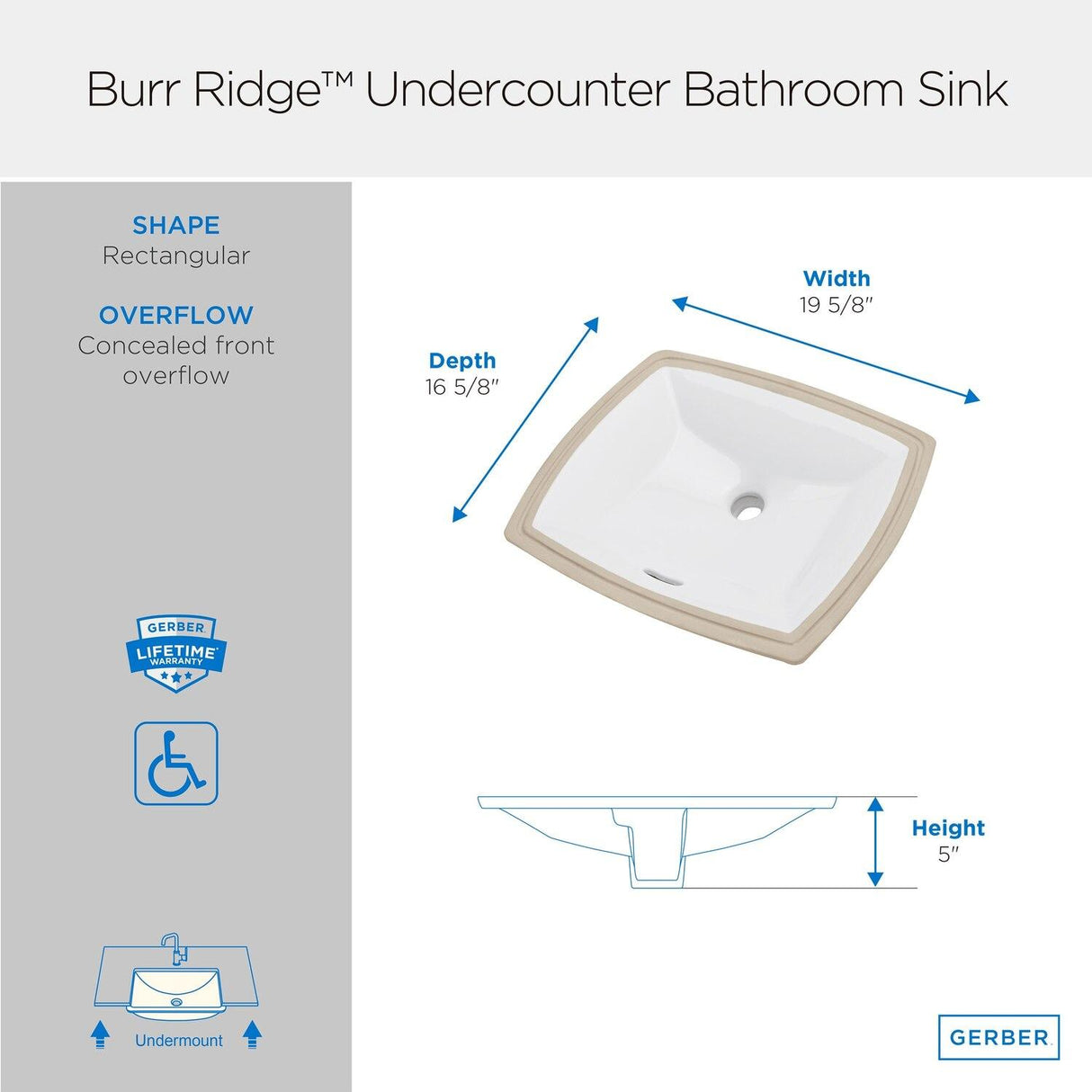 Gerber G0013760 White Burr Ridge Undercounter 19 5/8" X 16 5/8" Rectangular BAT...