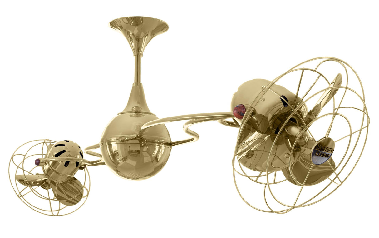 Matthews Fan IV-PB-MTL Italo Ventania 360° dual headed rotational ceiling fan in polished brass finish with metal blades.
