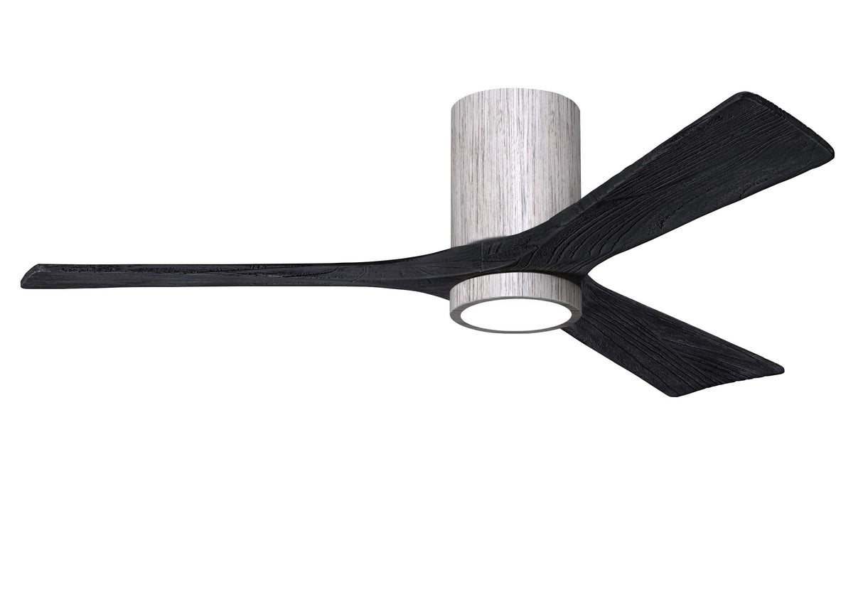 Matthews Fan IR3HLK-BW-BK-52 Irene-3HLK three-blade flush mount paddle fan in Barn Wood finish with 52” solid matte black wood blades and integrated LED light kit.