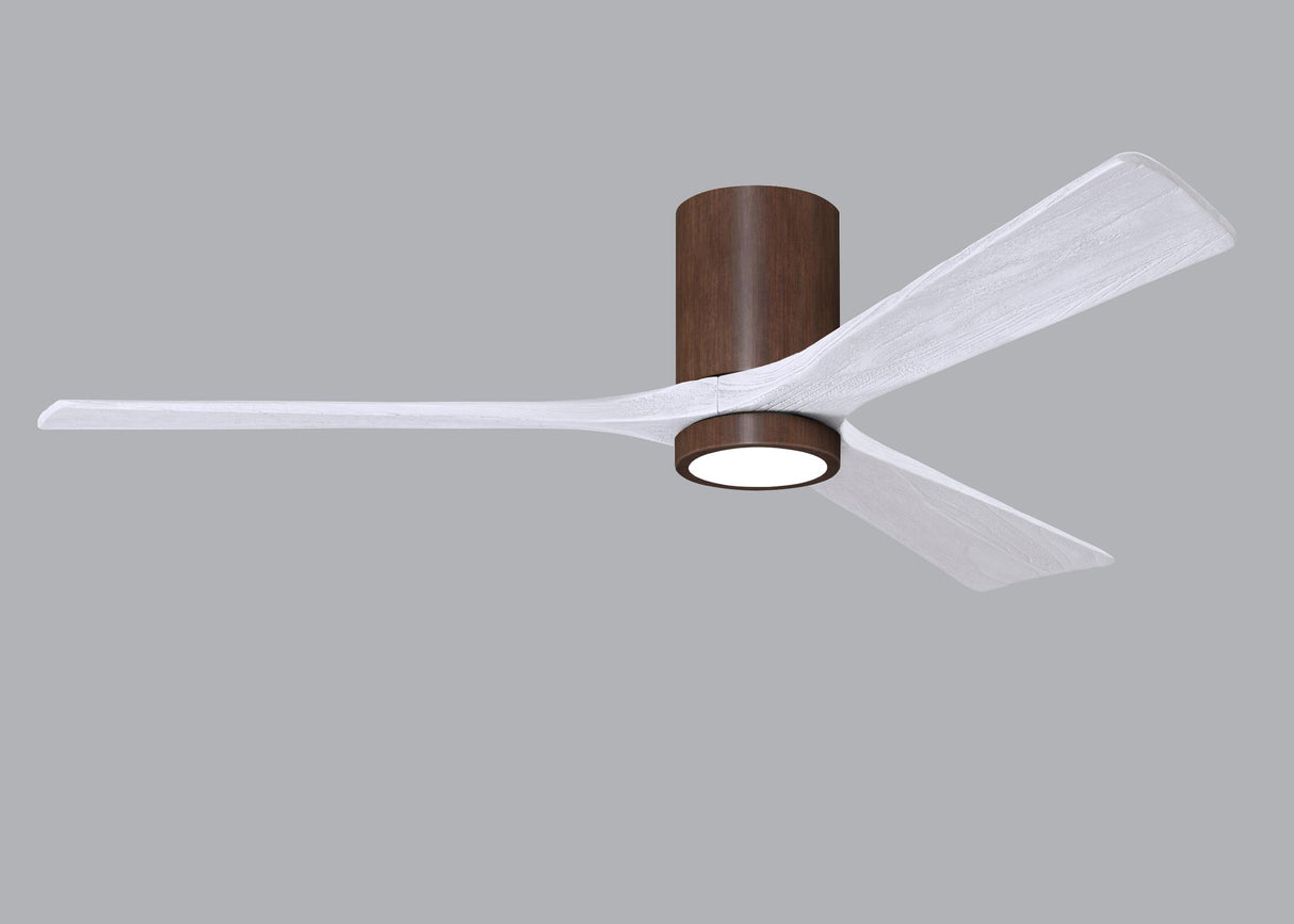 Matthews Fan IR3HLK-WN-MWH-60 Irene-3HLK three-blade flush mount paddle fan in Walnut finish with 60” solid matte white wood blades and integrated LED light kit.