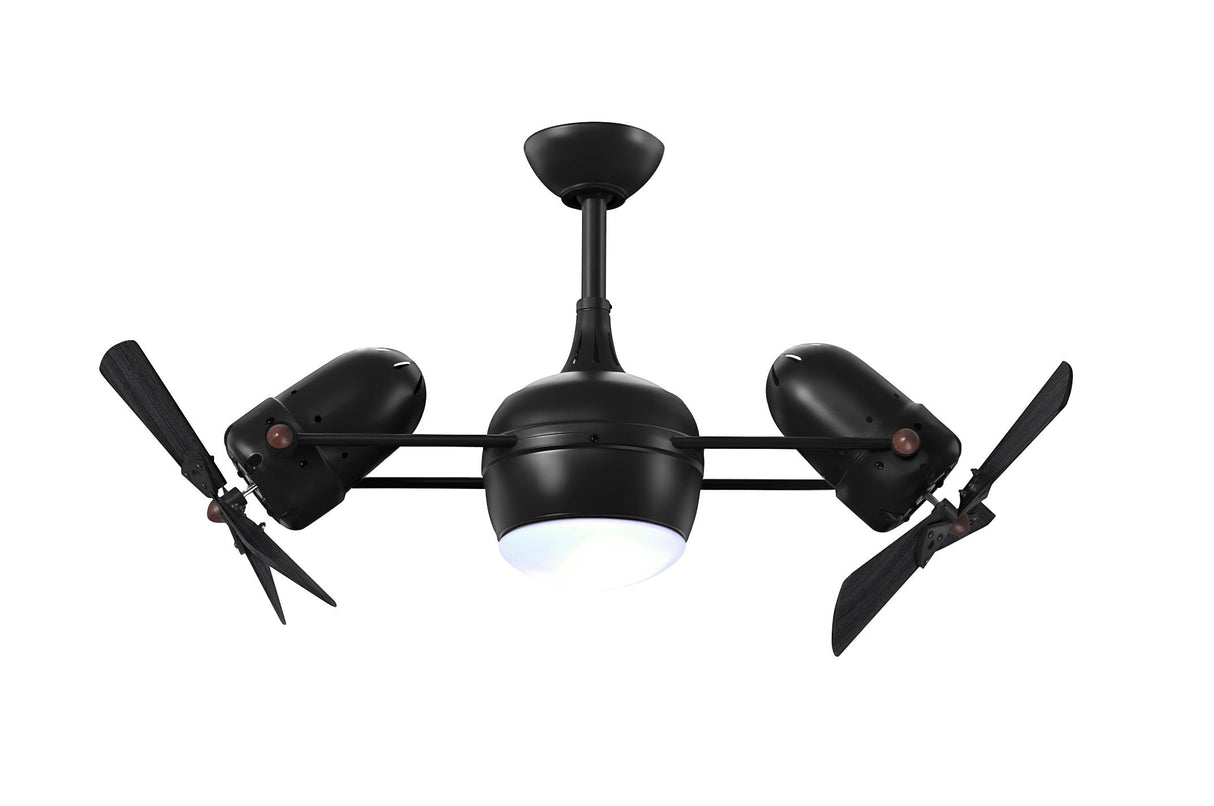 Matthews Fan DGLK-BK-WDBK Dagny 360° double-headed rotational ceiling fan with light kit in Matte Black finish with solid matte black wood blades.
