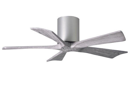 Matthews Fan IR5H-BN-BW-42 Irene-5H five-blade flush mount paddle fan in Brushed Nickel finish with 42” solid barn wood tone blades. 