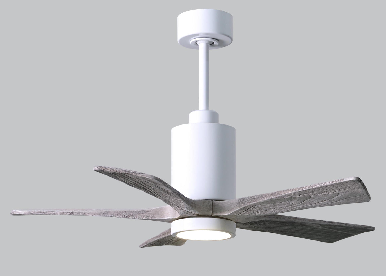 Matthews Fan PA5-WH-BW-42 Patricia-5 five-blade ceiling fan in Gloss White finish with 42” solid barn wood tone blades and dimmable LED light kit