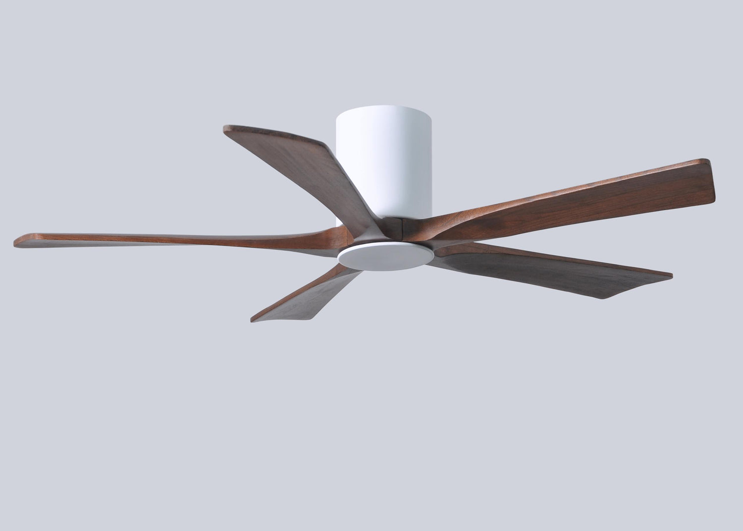 Matthews Fan IR5HLK-WH-WA-52 IR5HLK five-blade flush mount paddle fan in Gloss White finish with 52” solid walnut tone blades and integrated LED light kit.