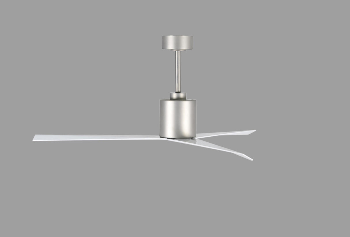 Matthews Fan EK-BN-WH Eliza 3-blade paddle fan in Brushed Nickel finish with gloss white all-weather ABS blades. Optimized for wet locations.