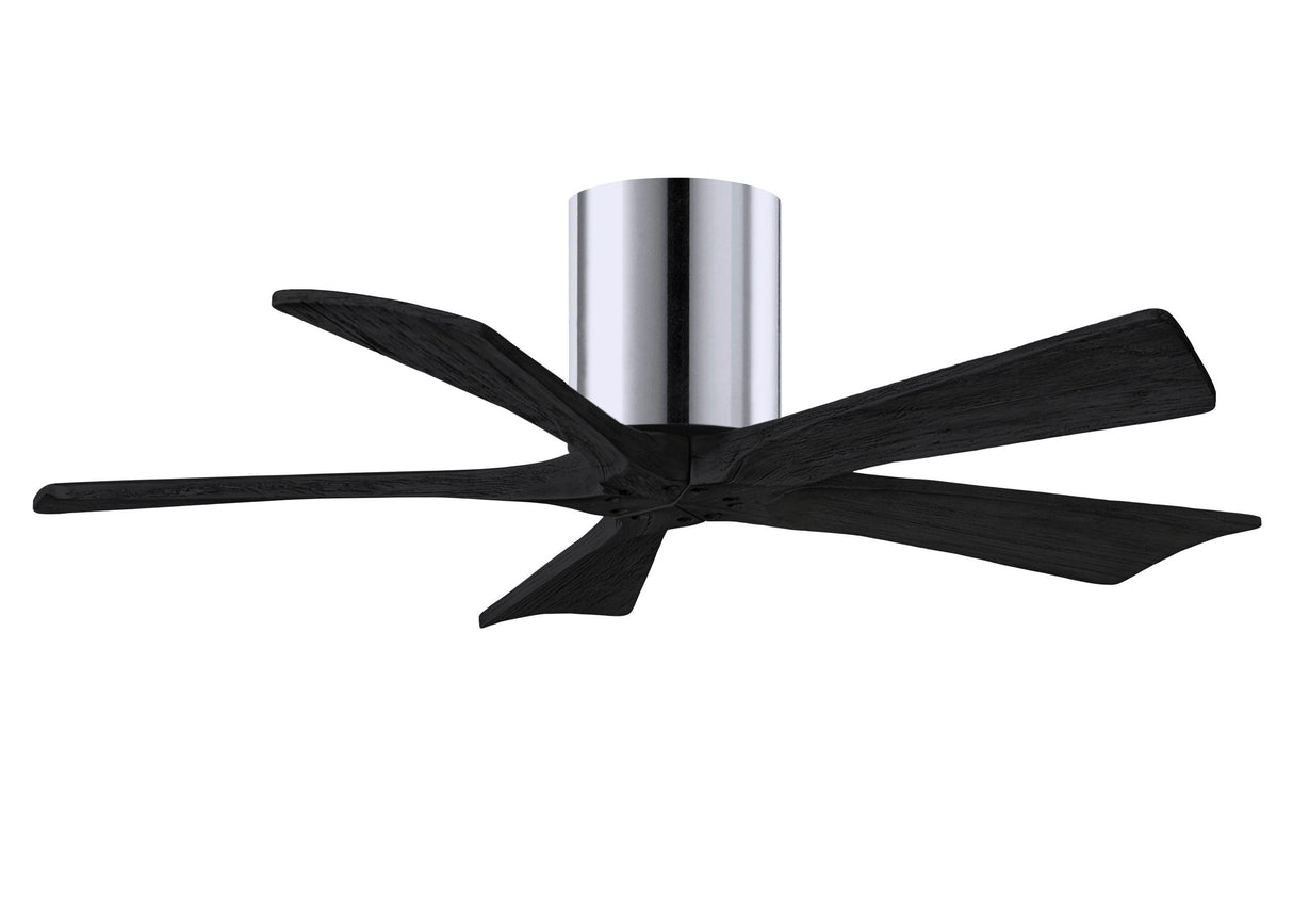 Matthews Fan IR5H-CR-BK-42 Irene-5H five-blade flush mount paddle fan in Polished Chrome finish with 42” solid matte black wood blades. 