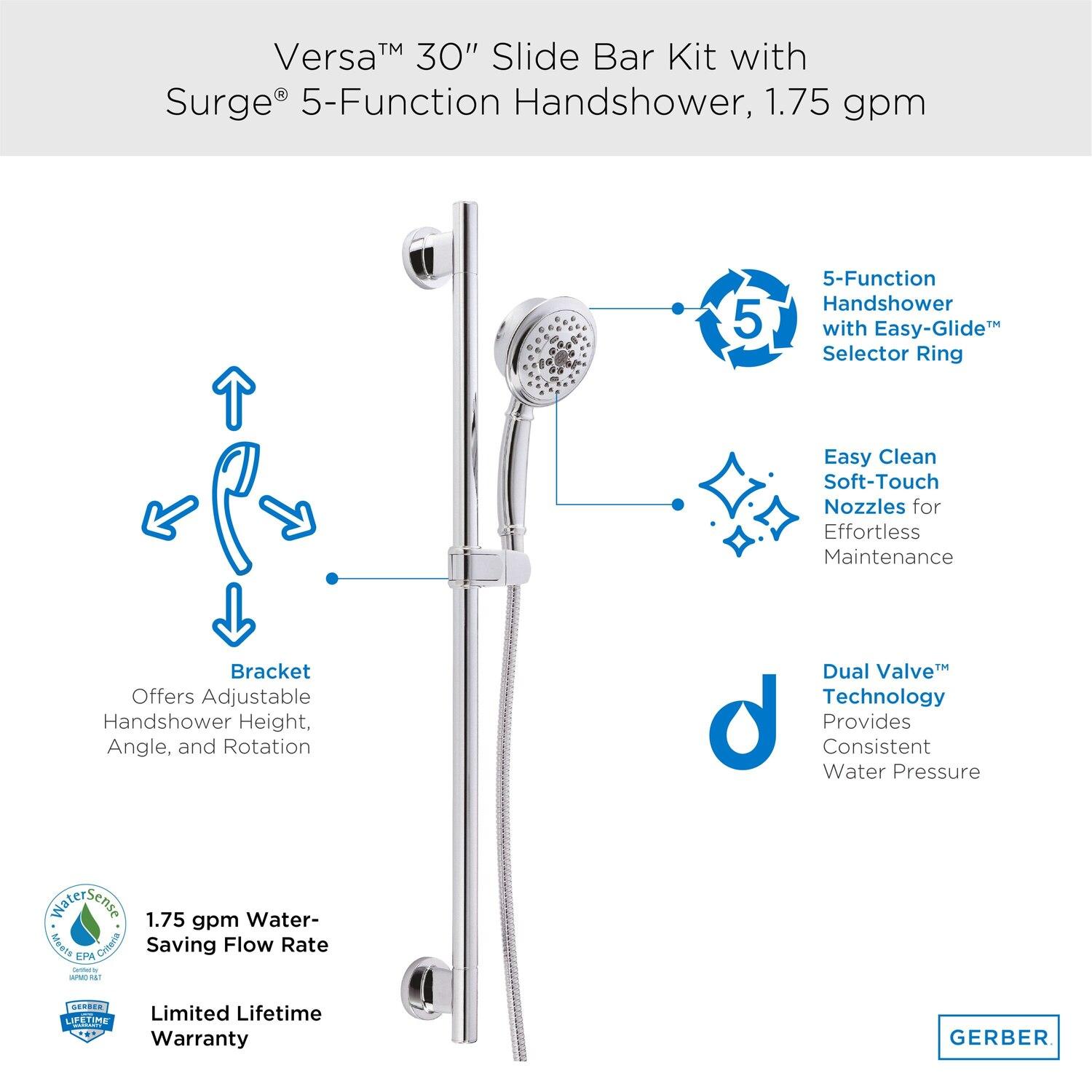 Gerber D461725 Chrome Versa 30" Slide Bar Assembly With Surge 5-function HA...