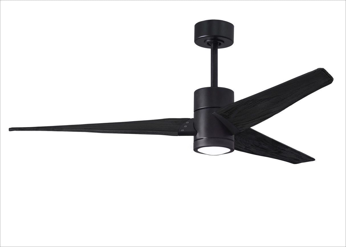 Matthews Fan SJ-BK-BK-60 Super Janet three-blade ceiling fan in Matte Black finish with 60” solid matte blade wood blades and dimmable LED light kit