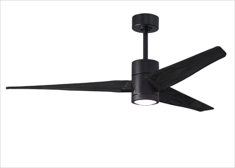 Matthews Fan SJ-BK-BK-60 Super Janet three-blade ceiling fan in Matte Black finish with 60” solid matte blade wood blades and dimmable LED light kit