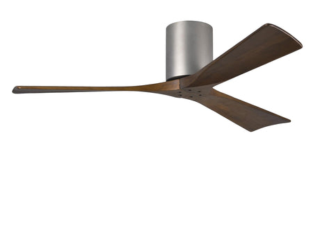 Matthews Fan IR3H-BN-WA-52 Irene-3H three-blade flush mount paddle fan in Brushed Nickel finish with 52” solid walnut tone blades. 