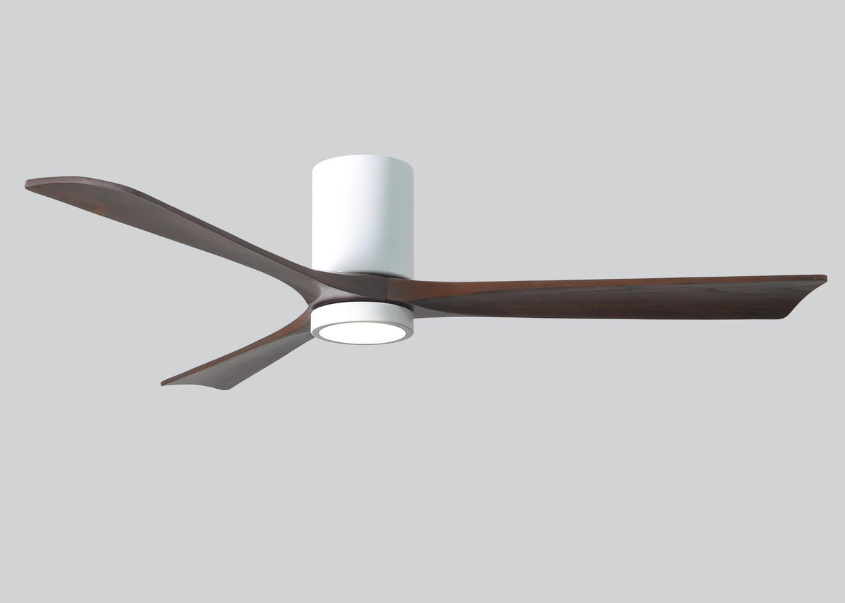 Matthews Fan IR3HLK-WH-WA-60 Irene-3HLK three-blade flush mount paddle fan in Gloss White finish with 60” solid walnut tone blades and integrated LED light kit.