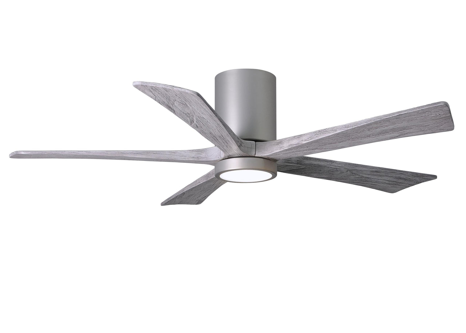 Matthews Fan IR5HLK-BN-BW-52 IR5HLK five-blade flush mount paddle fan in Brushed Nickel finish with 52” solid barn wood tone blades and integrated LED light kit.