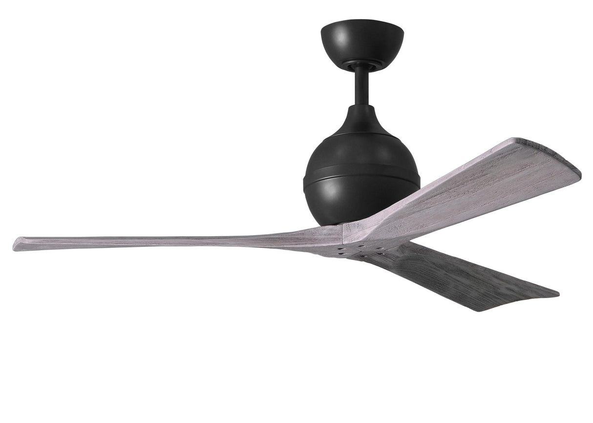 Matthews Fan IR3-BK-BW-52 Irene-3 three-blade paddle fan in Matte Black finish with 52" solid barn wood tone blades.