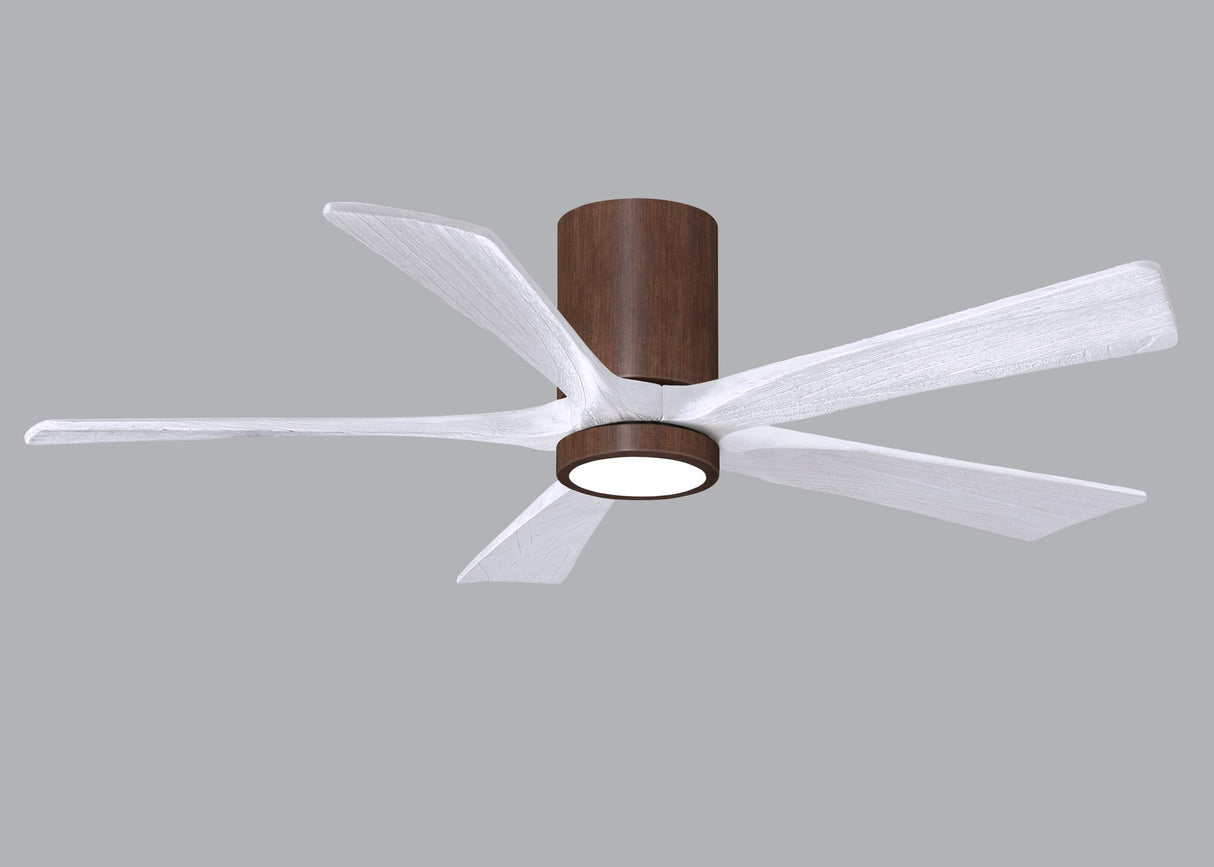 Matthews Fan IR5HLK-WN-MWH-52 IR5HLK five-blade flush mount paddle fan in Walnut finish with 52” solid matte white wood blades and integrated LED light kit.